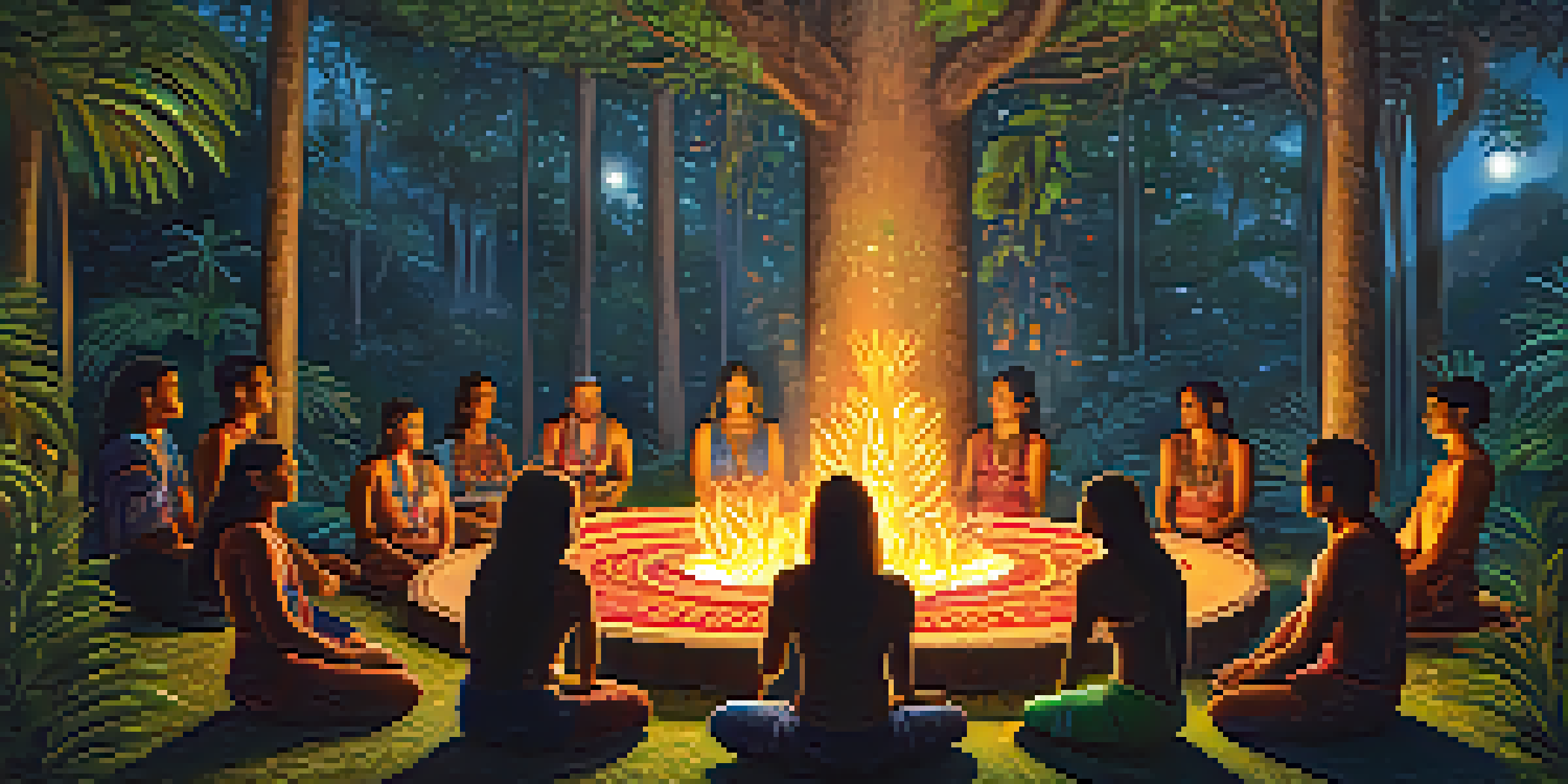 An ayahuasca ceremony in the Amazon rainforest, participants in a circle around a fire, surrounded by nature.