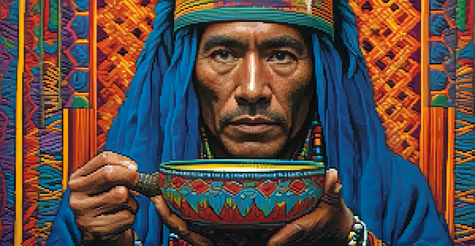 A shaman in traditional attire holding a bowl of Ayahuasca brew, with a blurred tropical plant background showcasing cultural significance.