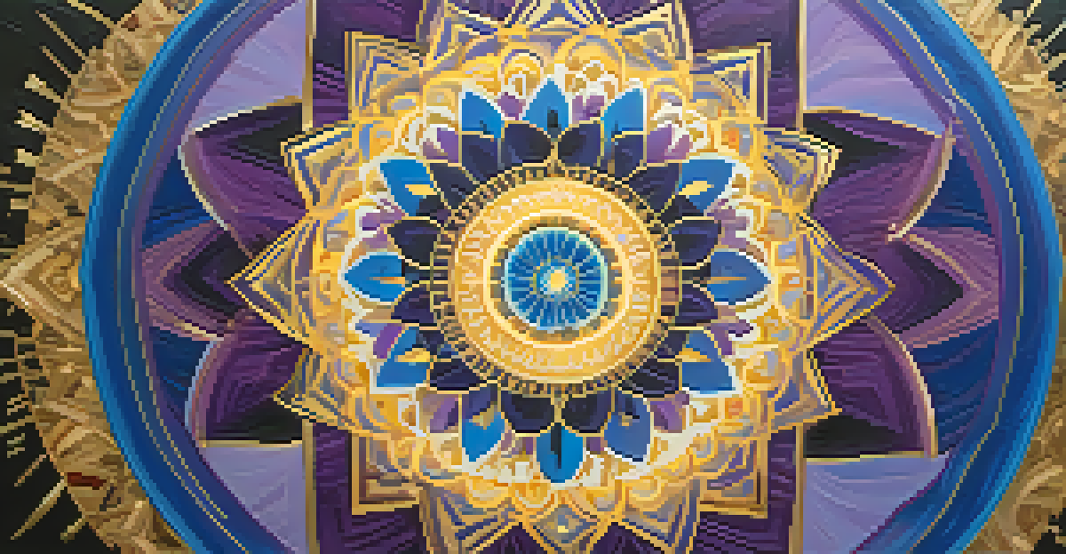 An abstract mandala glowing with swirling colors, representing the concept of intentions during spiritual practices.