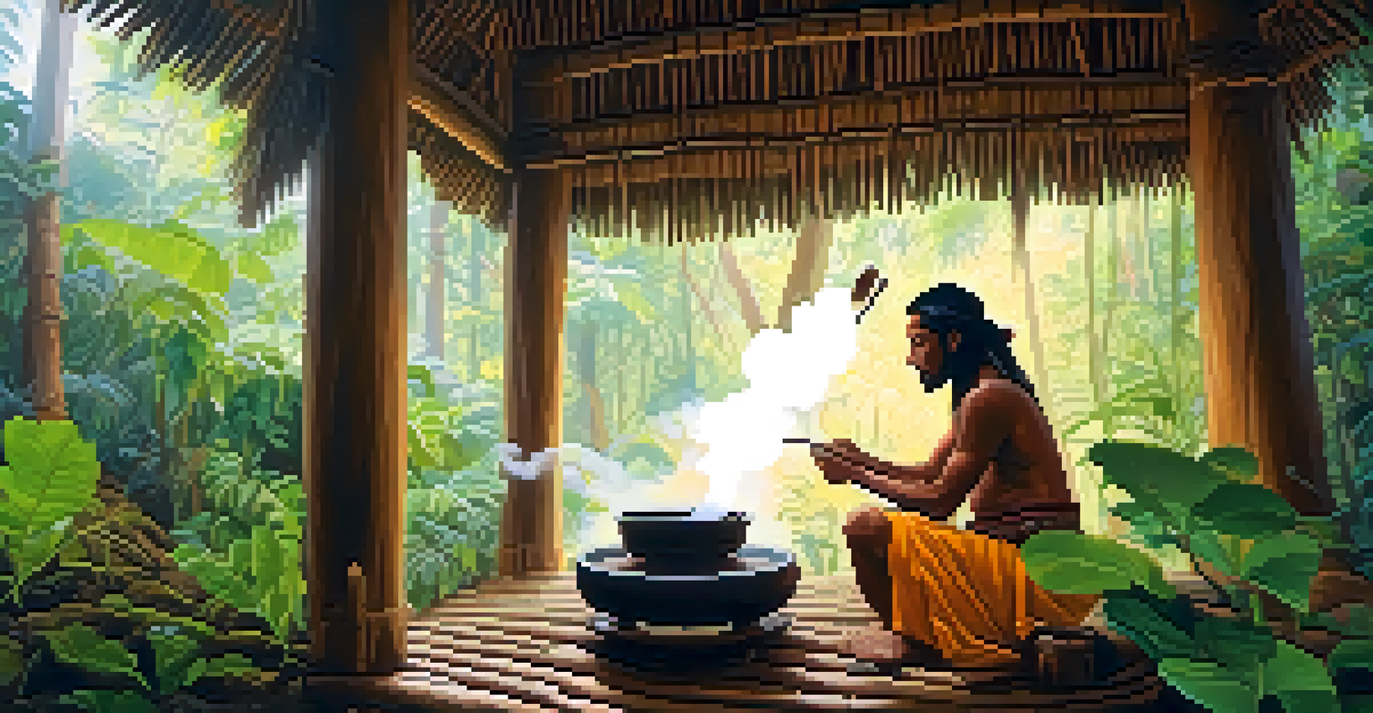 A shaman preparing Ayahuasca in a traditional wooden hut, with colorful plants and swirling smoke, highlighting the sacred ritual.
