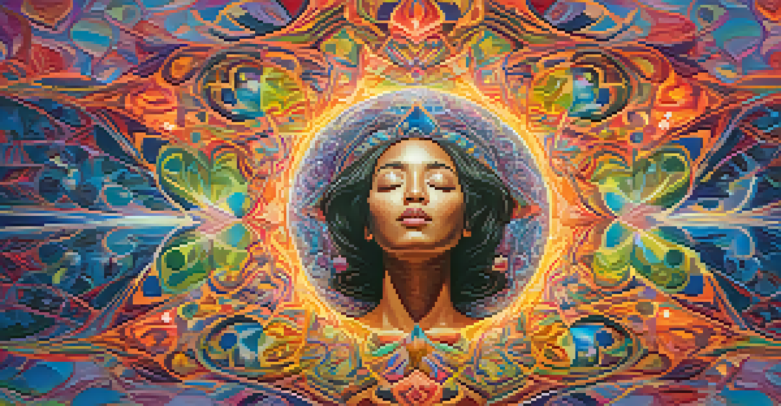 An abstract image of a person floating through a colorful, dreamlike landscape, symbolizing an Ayahuasca journey with swirling patterns and vivid nature imagery.