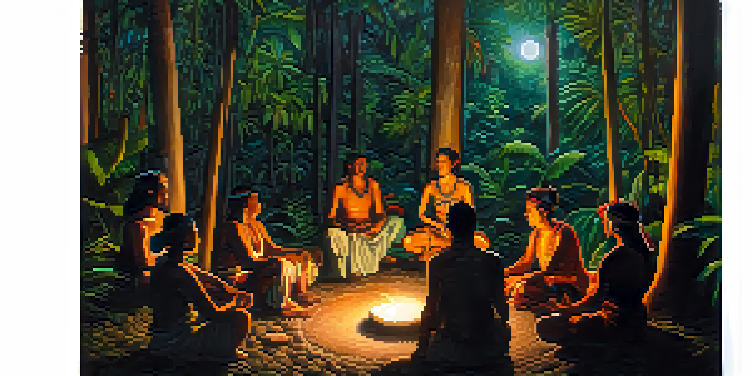 A peaceful Ayahuasca ceremony in the Amazon rainforest at night, with participants gathered around a fire and a shaman singing.