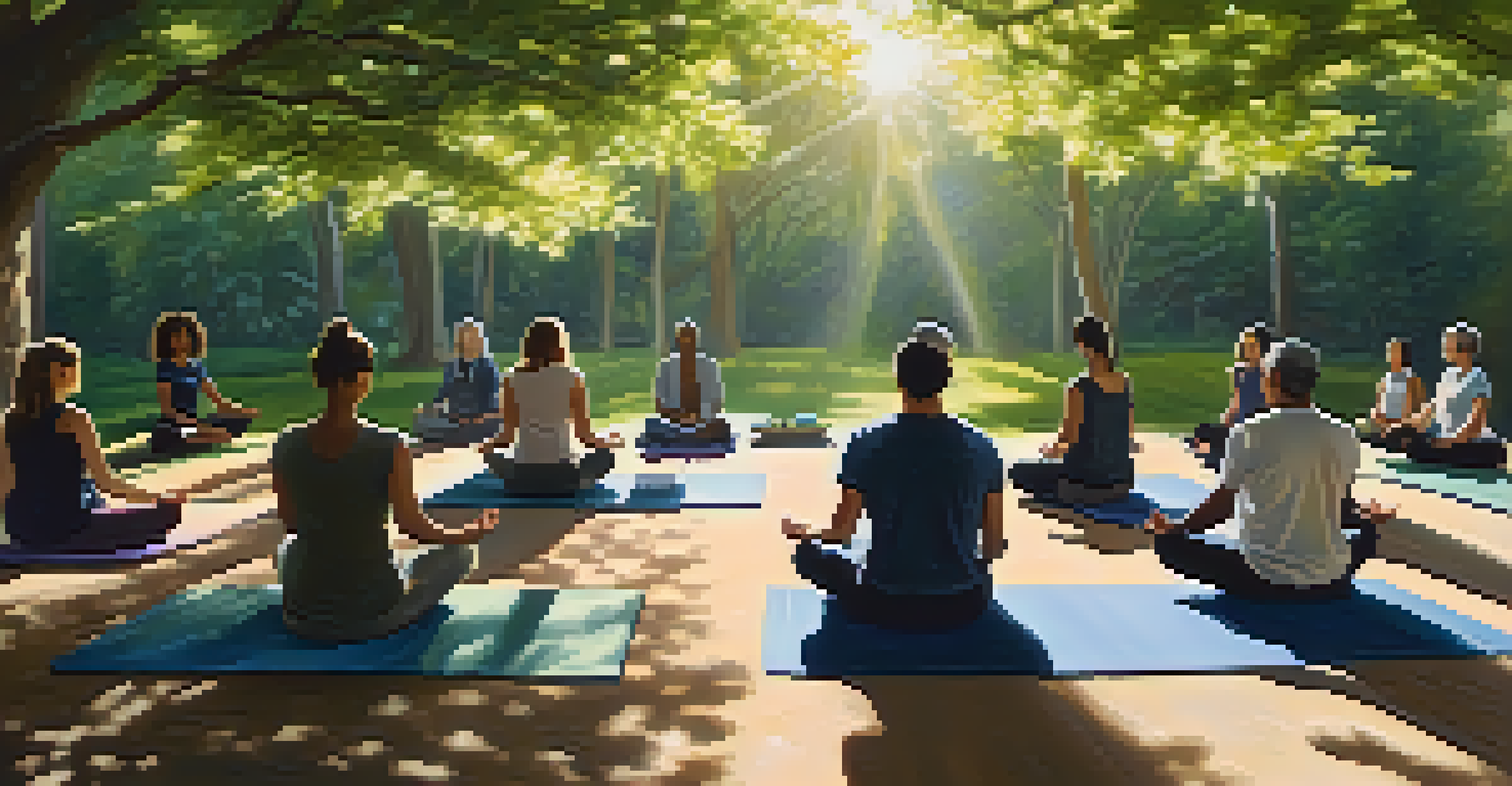 Participants meditating outdoors in a peaceful garden, surrounded by trees and dappled sunlight, creating a serene atmosphere.