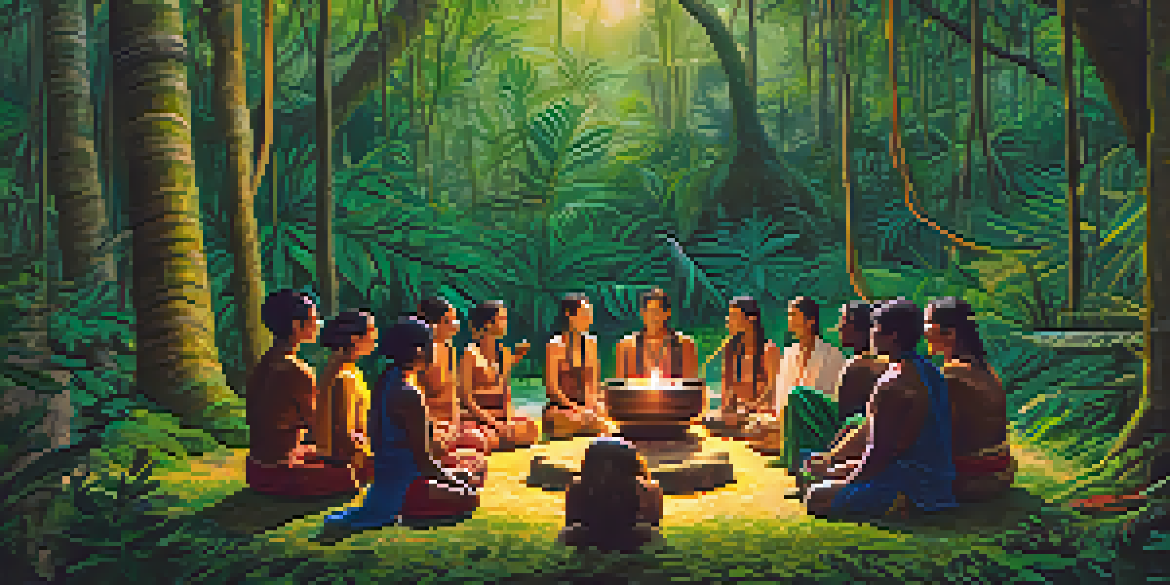 A group of participants in an ayahuasca ceremony in the Amazon rainforest, seated in a circle with a shaman in the center, surrounded by lush greenery and flowers.