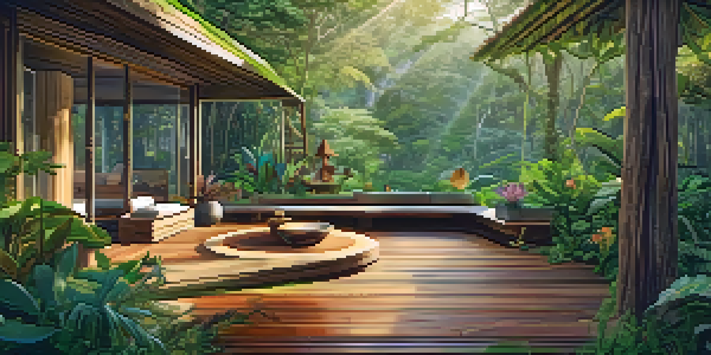 A tranquil rainforest ayahuasca retreat with eco-friendly accommodations and guests meditating on a wooden deck surrounded by nature.