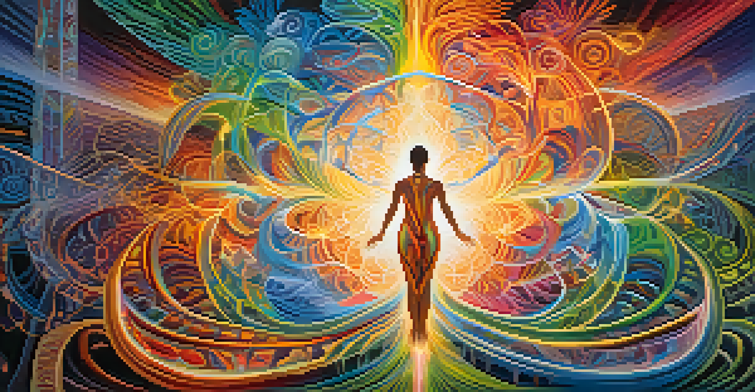 An abstract image illustrating the emotional journey of an ayahuasca ceremony, featuring vibrant colors and swirling patterns.
