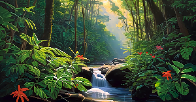 A tranquil Amazon rainforest with the Banisteriopsis caapi vine, lush green plants, colorful flowers, and sunlight filtering through the trees.