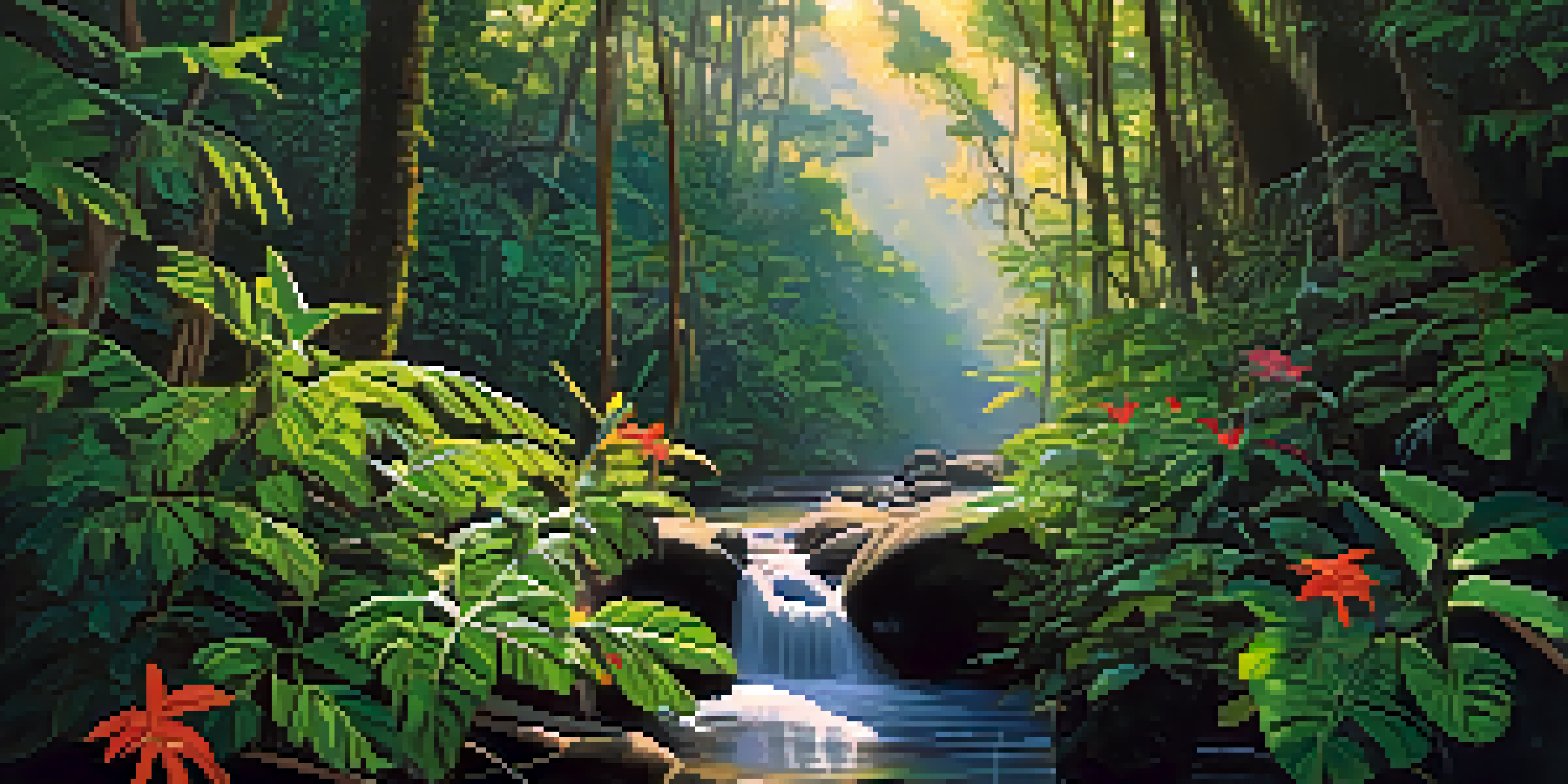 A tranquil Amazon rainforest with the Banisteriopsis caapi vine, lush green plants, colorful flowers, and sunlight filtering through the trees.