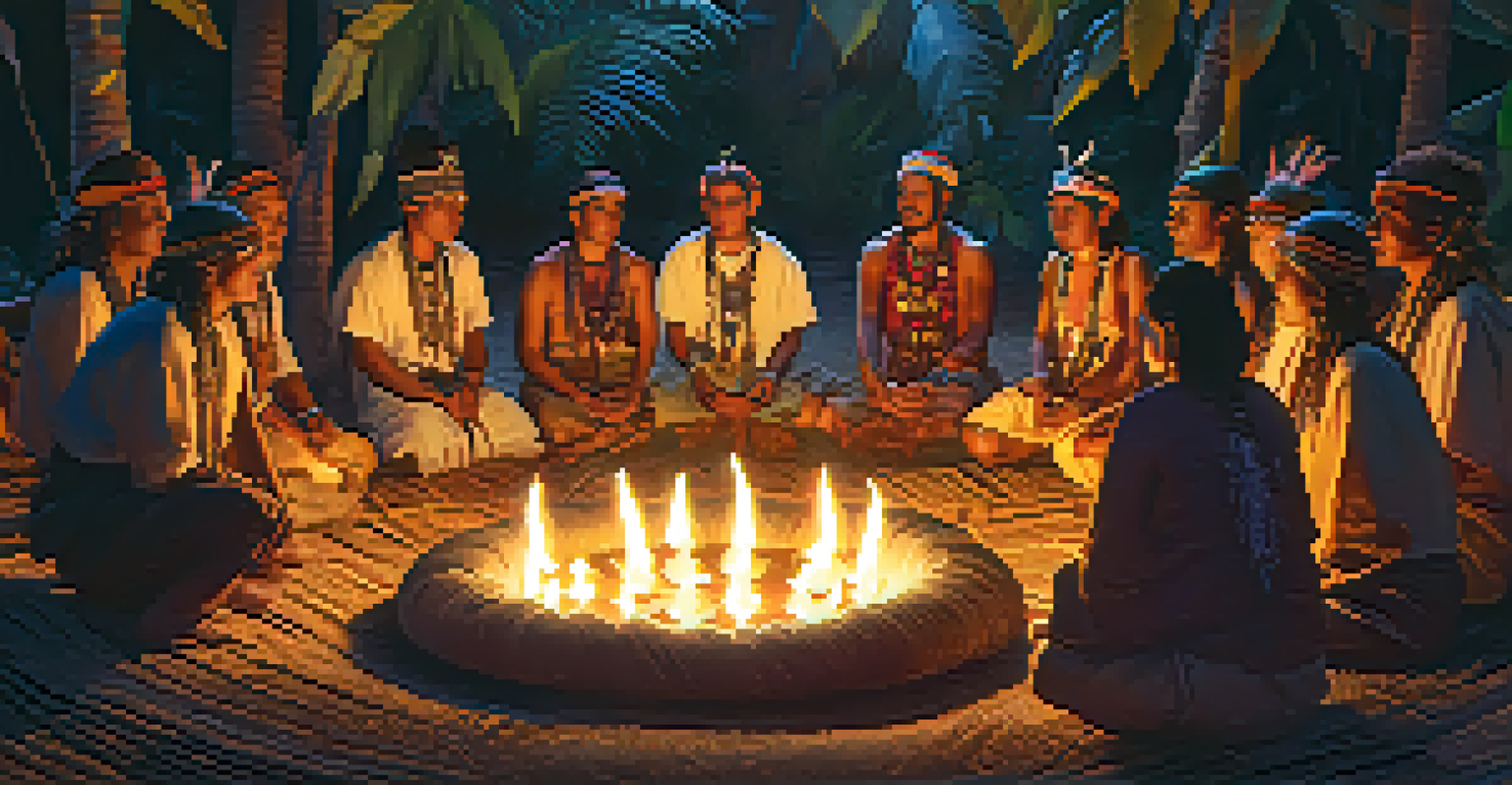 An indigenous shaman leading an Ayahuasca ceremony, surrounded by participants in a warmly lit setting with ceremonial fabrics and natural elements.