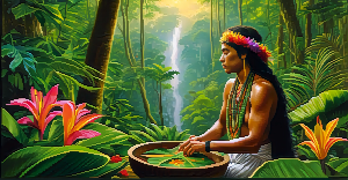 An indigenous healer in a colorful outfit prepares ayahuasca in a wooden bowl amidst lush Amazon rainforest, with mist and tropical flowers around.