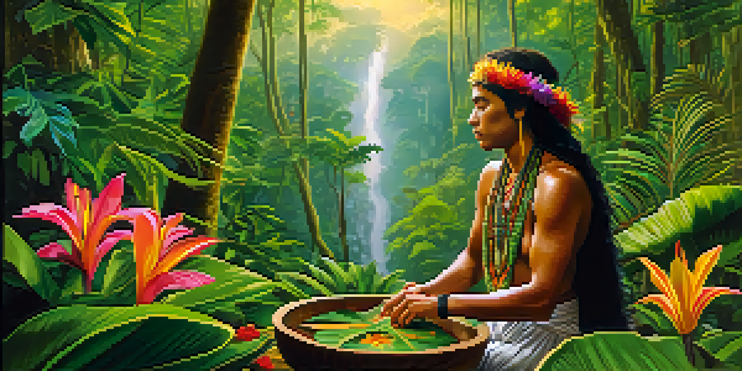 An indigenous healer in a colorful outfit prepares ayahuasca in a wooden bowl amidst lush Amazon rainforest, with mist and tropical flowers around.
