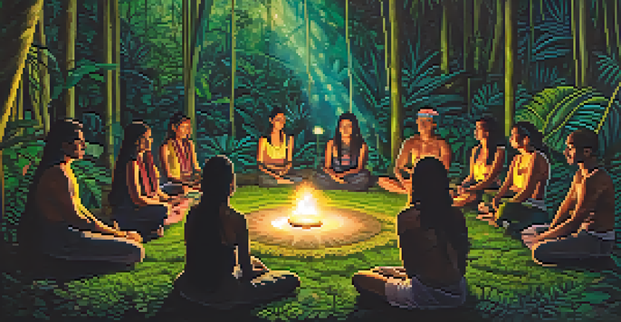 A peaceful ayahuasca ceremony in a rainforest with participants sitting in a circle, illuminated by candlelight.