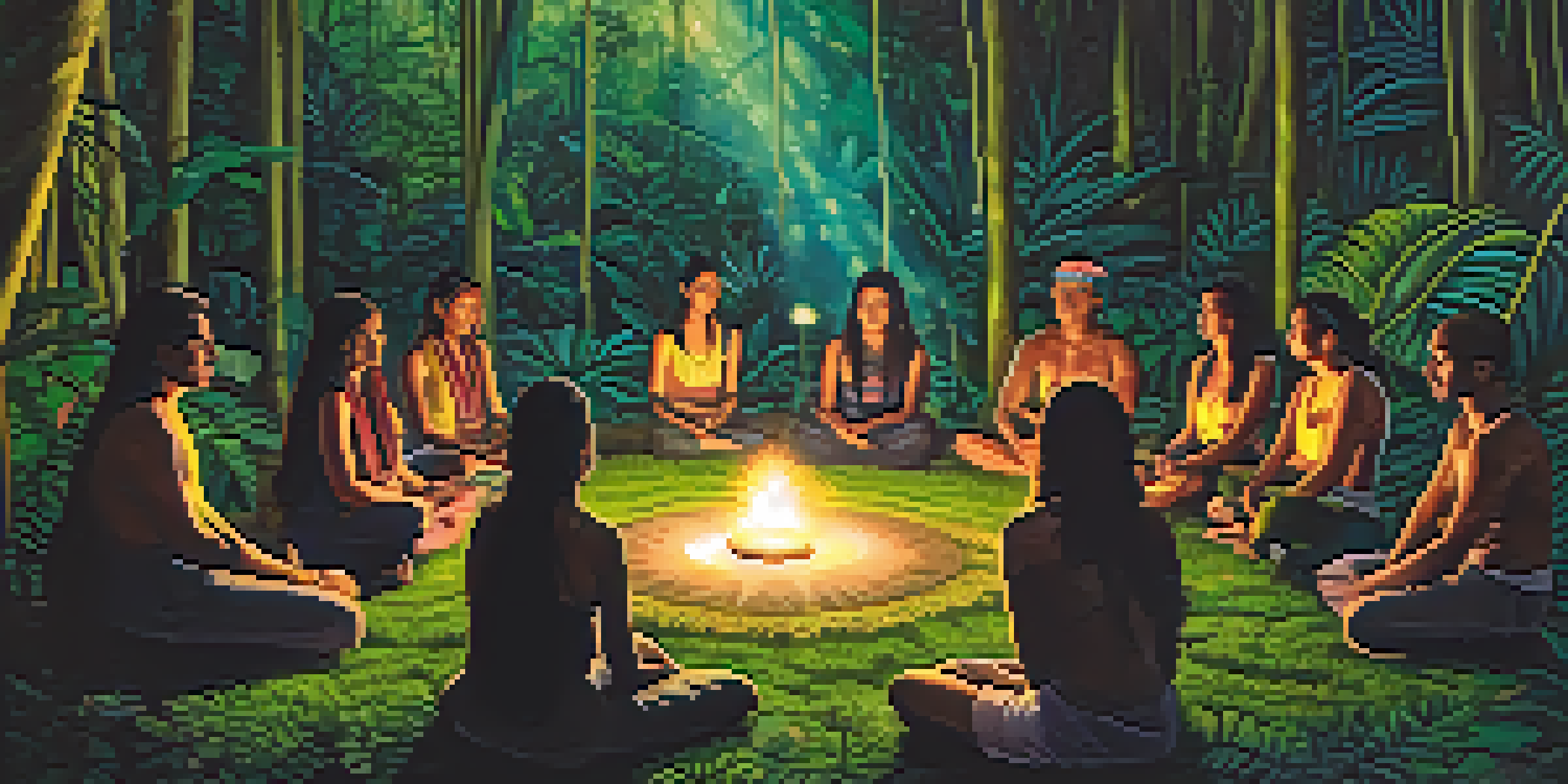 A peaceful ayahuasca ceremony in a rainforest with participants sitting in a circle, illuminated by candlelight.