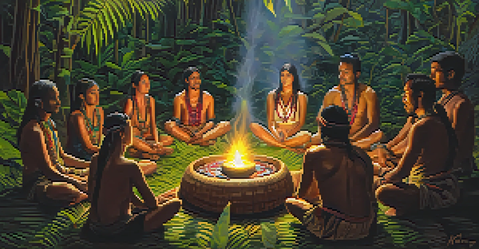 A group of people participating in a traditional Ayahuasca ceremony in a lush jungle, with a shaman preparing the brew.