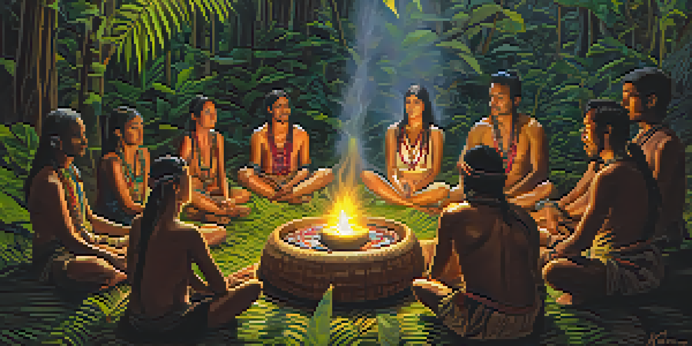 A group of people participating in a traditional Ayahuasca ceremony in a lush jungle, with a shaman preparing the brew.