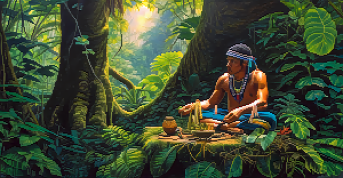 A shaman in the Amazon rainforest prepares Ayahuasca surrounded by lush greenery and dappled sunlight.