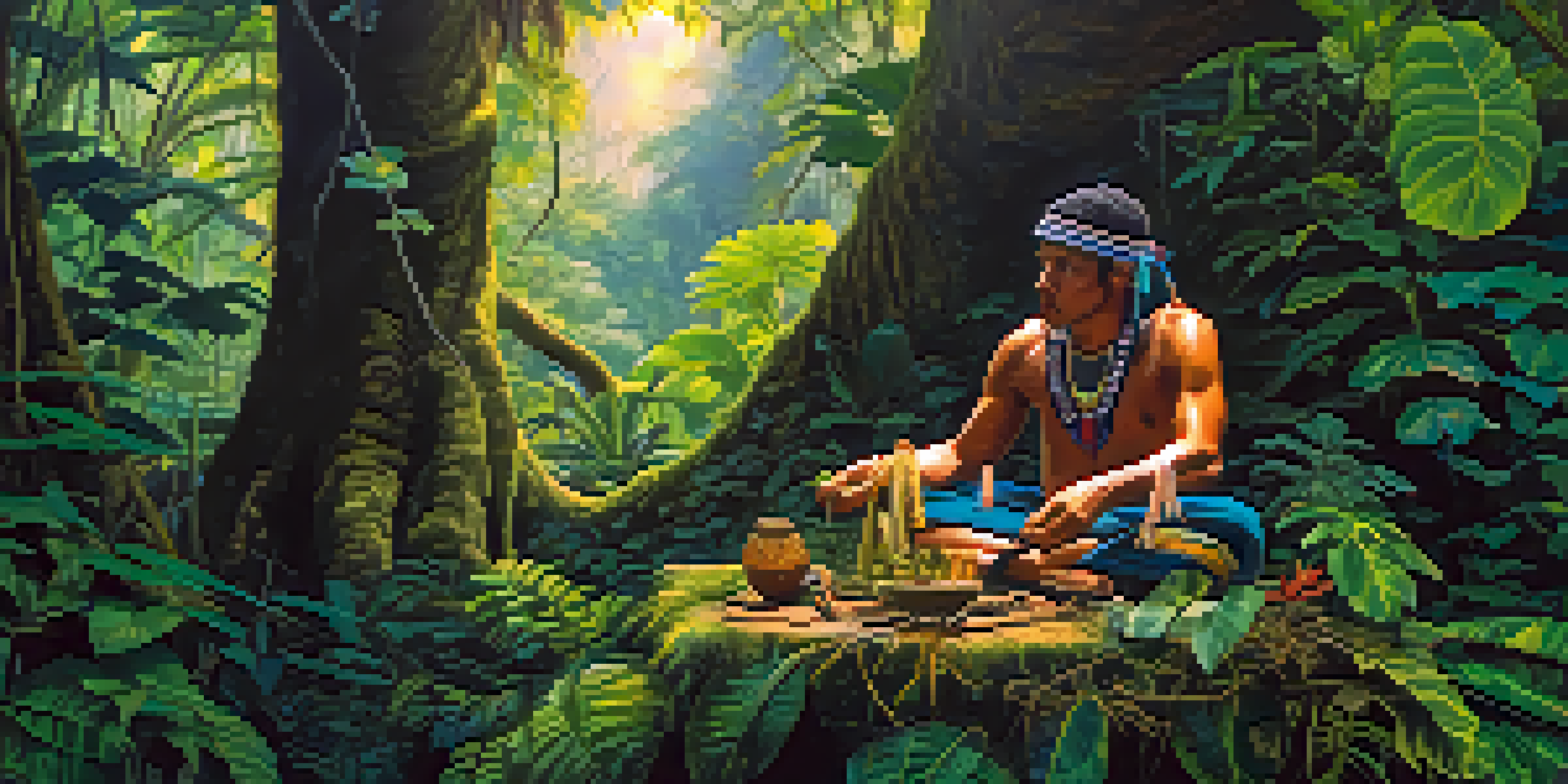 A shaman in the Amazon rainforest prepares Ayahuasca surrounded by lush greenery and dappled sunlight.