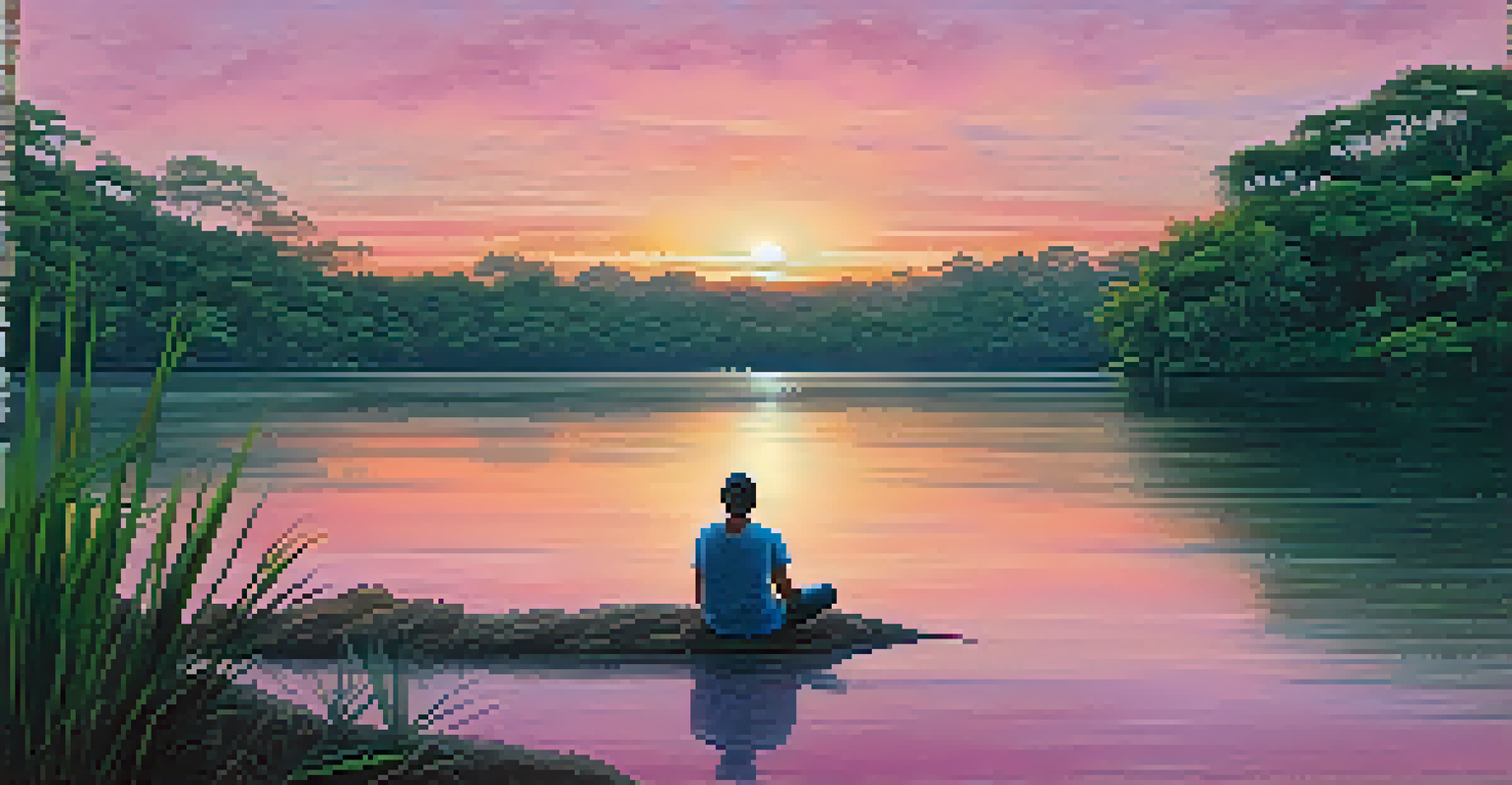 A person journaling by the Amazon River at sunrise, with soft pastel colors in the sky and lush greenery around.