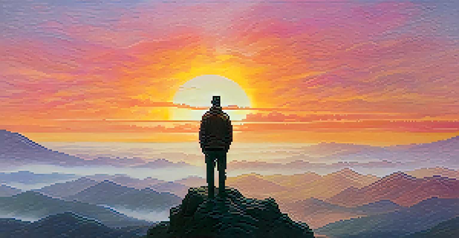 An abstract illustration of emotional resilience with a figure on a mountain peak at sunrise, symbolizing hope and overcoming challenges.