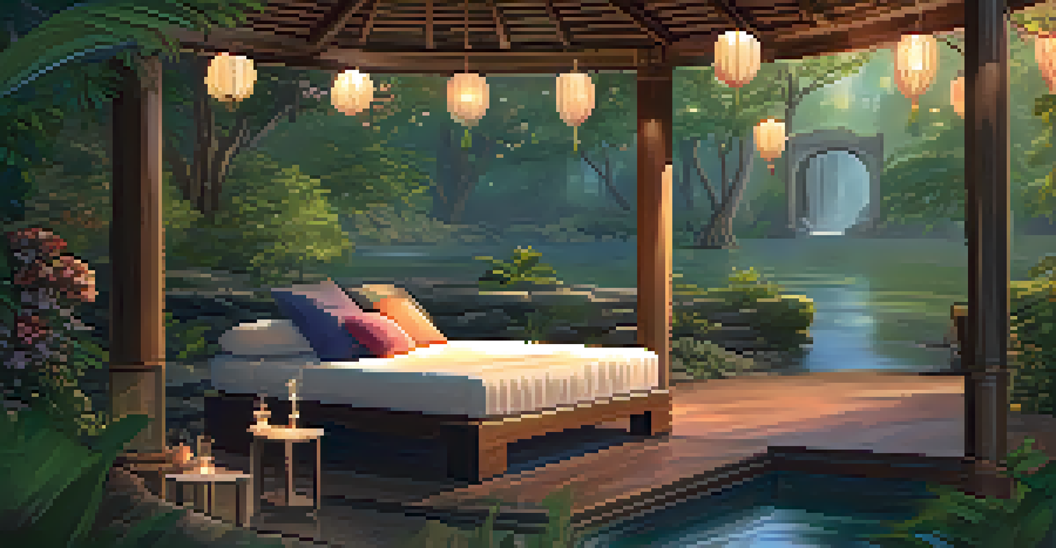 A cozy outdoor space set up for a mescaline experience, with cushions and lanterns under trees, surrounded by nature.