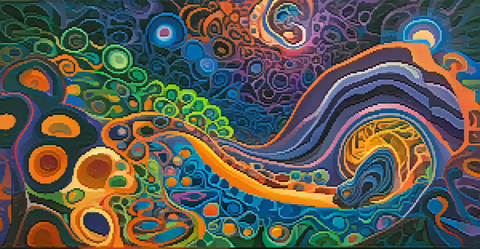 A colorful abstract depiction of a psychedelic experience, showcasing vibrant colors and patterns that represent brain connectivity.