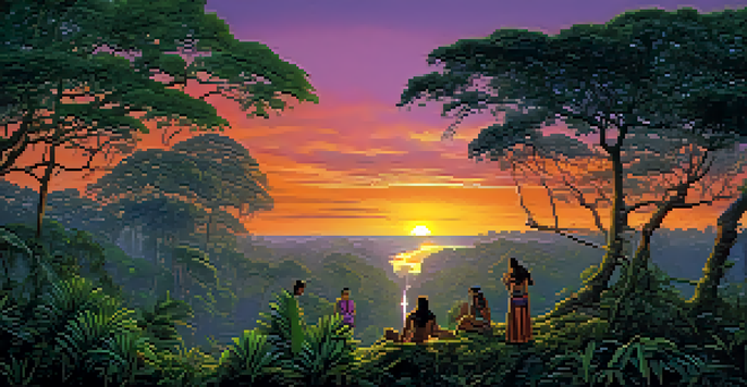 A tranquil Amazon rainforest at sunset with a ceremonial gathering of individuals in traditional attire amidst lush greenery.