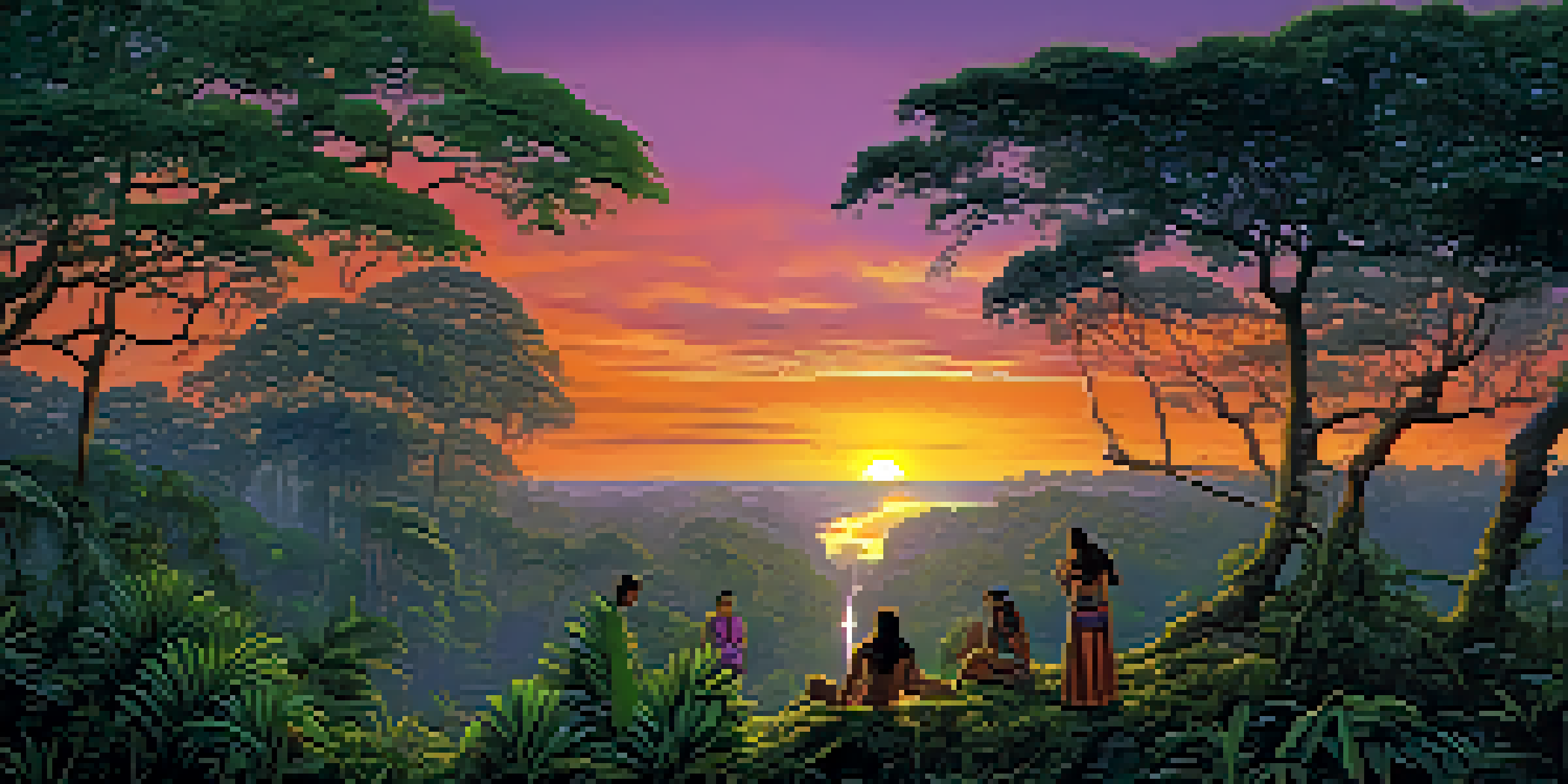 A tranquil Amazon rainforest at sunset with a ceremonial gathering of individuals in traditional attire amidst lush greenery.