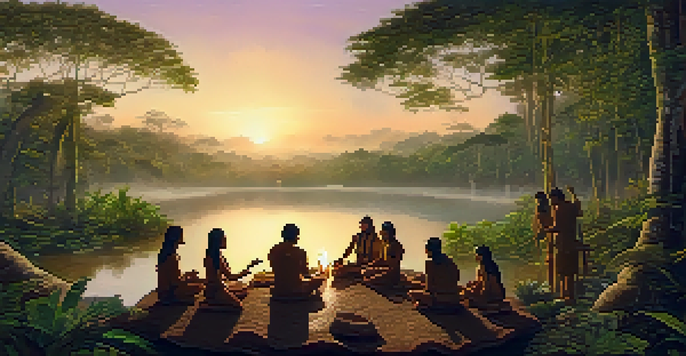 A peaceful Amazon rainforest scene at dawn with participants in a circle around a shaman conducting an ayahuasca ceremony.