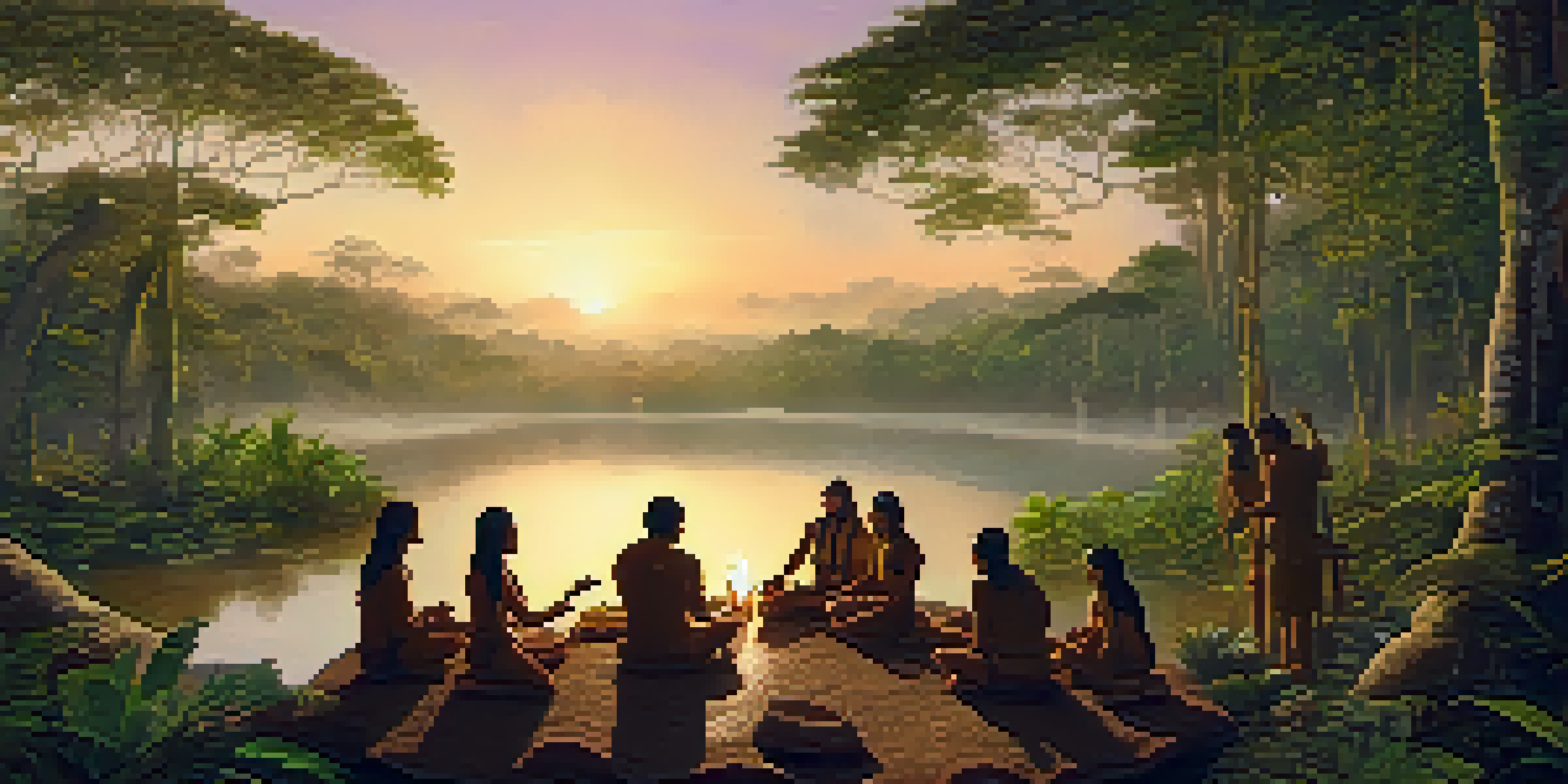 A peaceful Amazon rainforest scene at dawn with participants in a circle around a shaman conducting an ayahuasca ceremony.