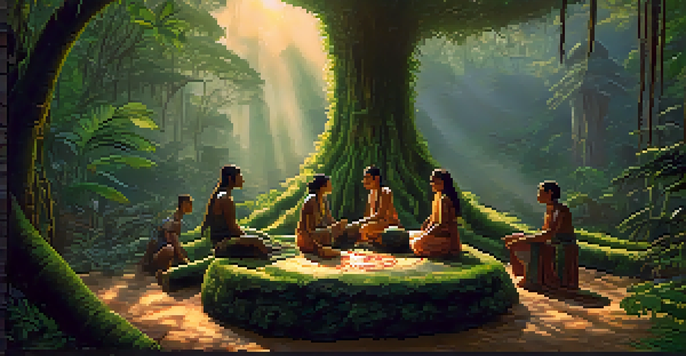 A tranquil Amazon rainforest at dawn with a ceremonial gathering of diverse individuals engaged in an ayahuasca ceremony, surrounded by lush greenery and golden sunlight.
