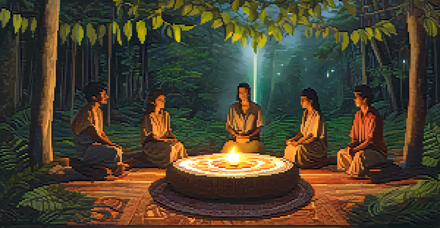 A cozy ayahuasca ceremony setting with cushions arranged in a circle and candles illuminating a central altar with natural decorations.