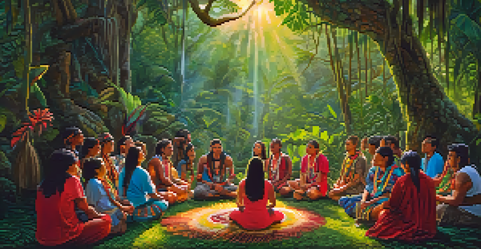 An indigenous shaman in colorful attire conducting an ayahuasca ceremony in the Amazon rainforest, surrounded by greenery and participants seated on the ground.