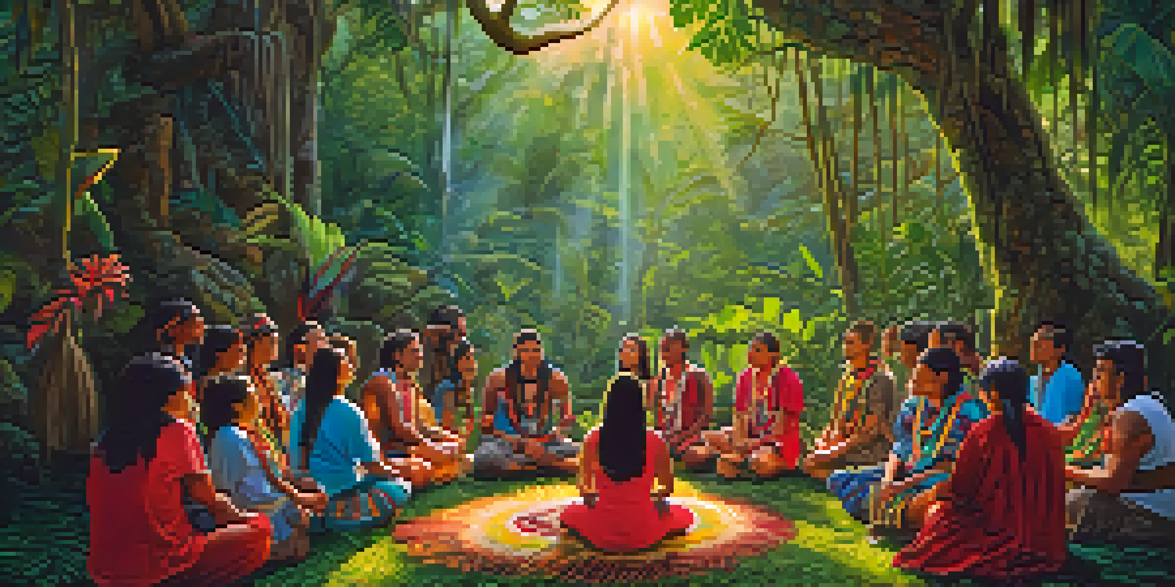 An indigenous shaman in colorful attire conducting an ayahuasca ceremony in the Amazon rainforest, surrounded by greenery and participants seated on the ground.