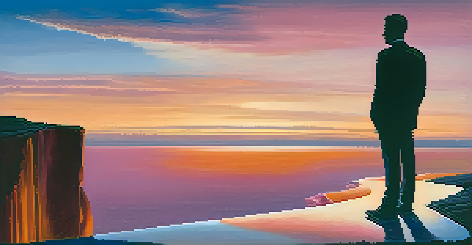 A silhouette of a person at a cliff edge during a colorful sunset.