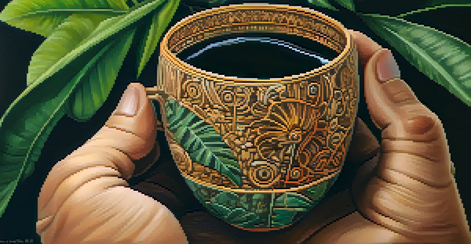 A close-up of a hand holding a cup filled with dark ayahuasca brew, with tropical plants softly blurred in the background.