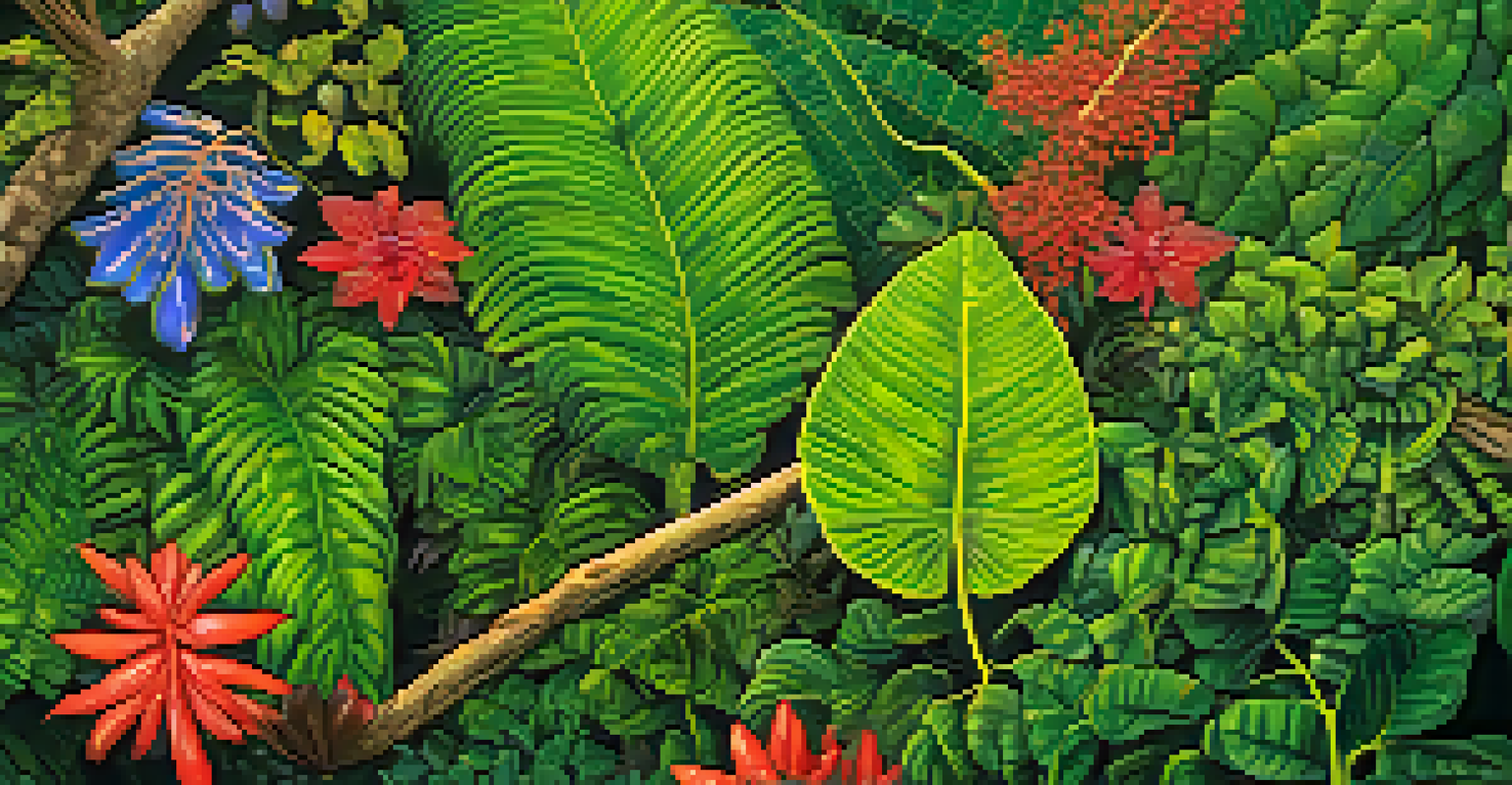 A close-up of Ayahuasca plants being harvested, showing the textured vine and green leaves against a backdrop of rainforest biodiversity.