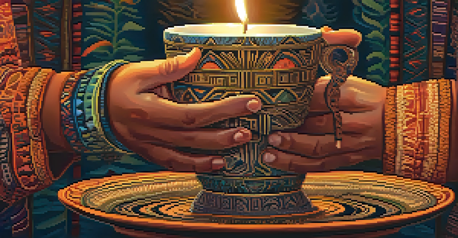 A close-up of hands holding an ornate cup filled with ayahuasca, set against a softly lit background with ambient candlelight, emphasizing the spiritual essence of the moment.