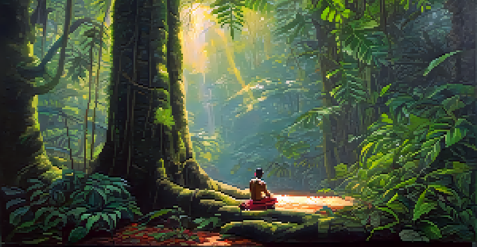 An Amazon rainforest with a shaman performing a ritual, surrounded by lush vines and leaves.