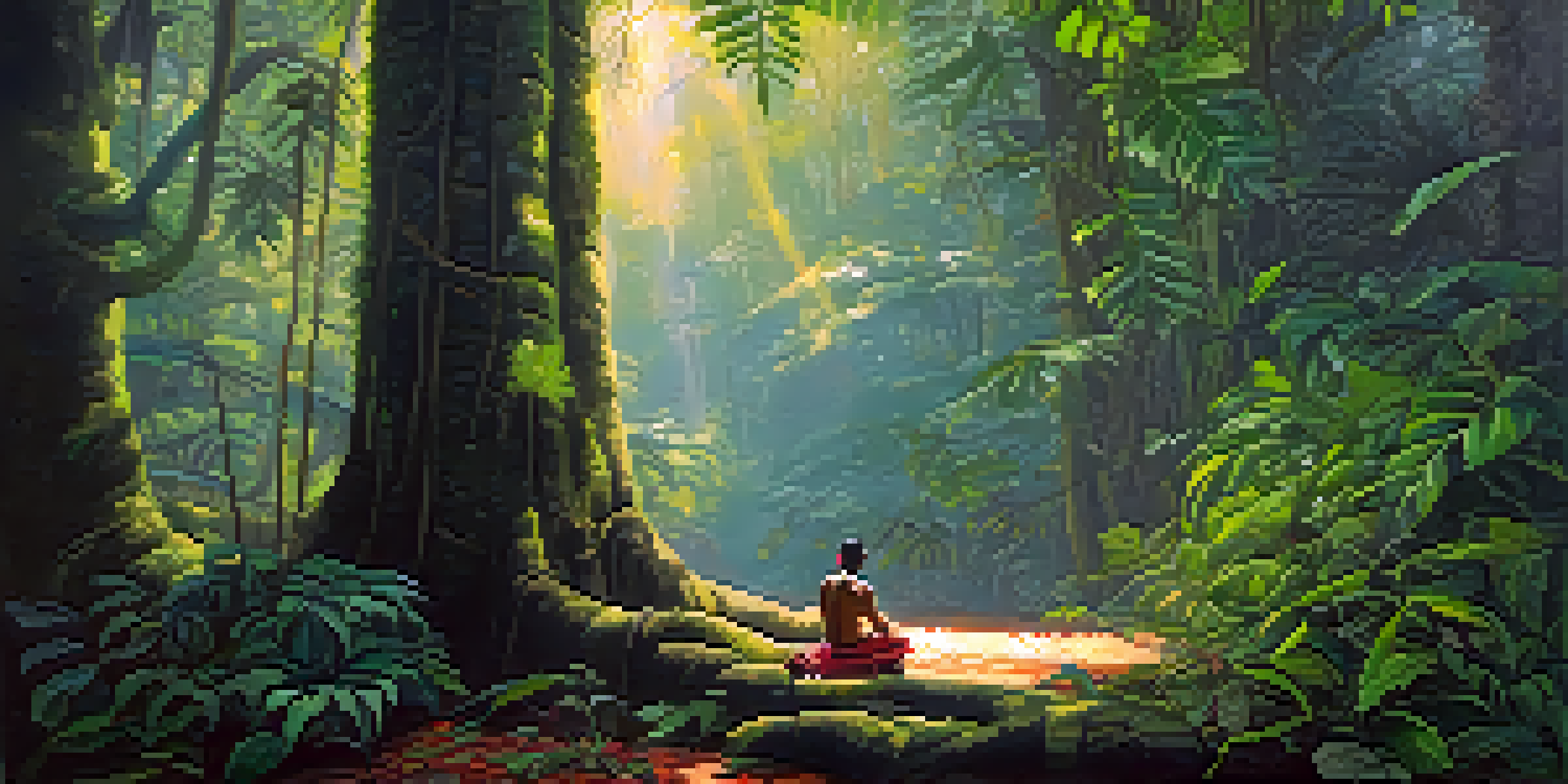 An Amazon rainforest with a shaman performing a ritual, surrounded by lush vines and leaves.