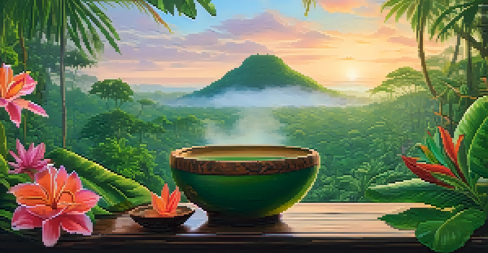 A peaceful view of the Amazon rainforest at dawn, featuring a bowl of Ayahuasca brew surrounded by flowers and mist.