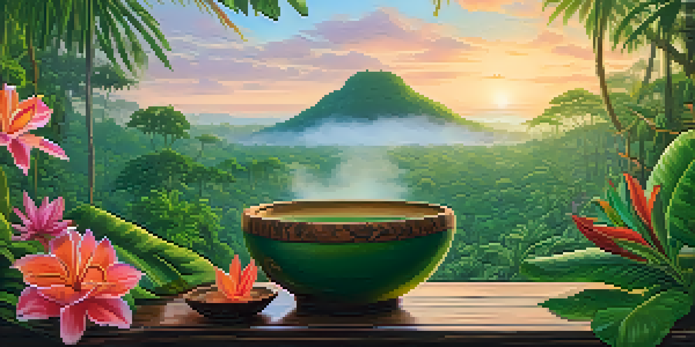 A peaceful view of the Amazon rainforest at dawn, featuring a bowl of Ayahuasca brew surrounded by flowers and mist.