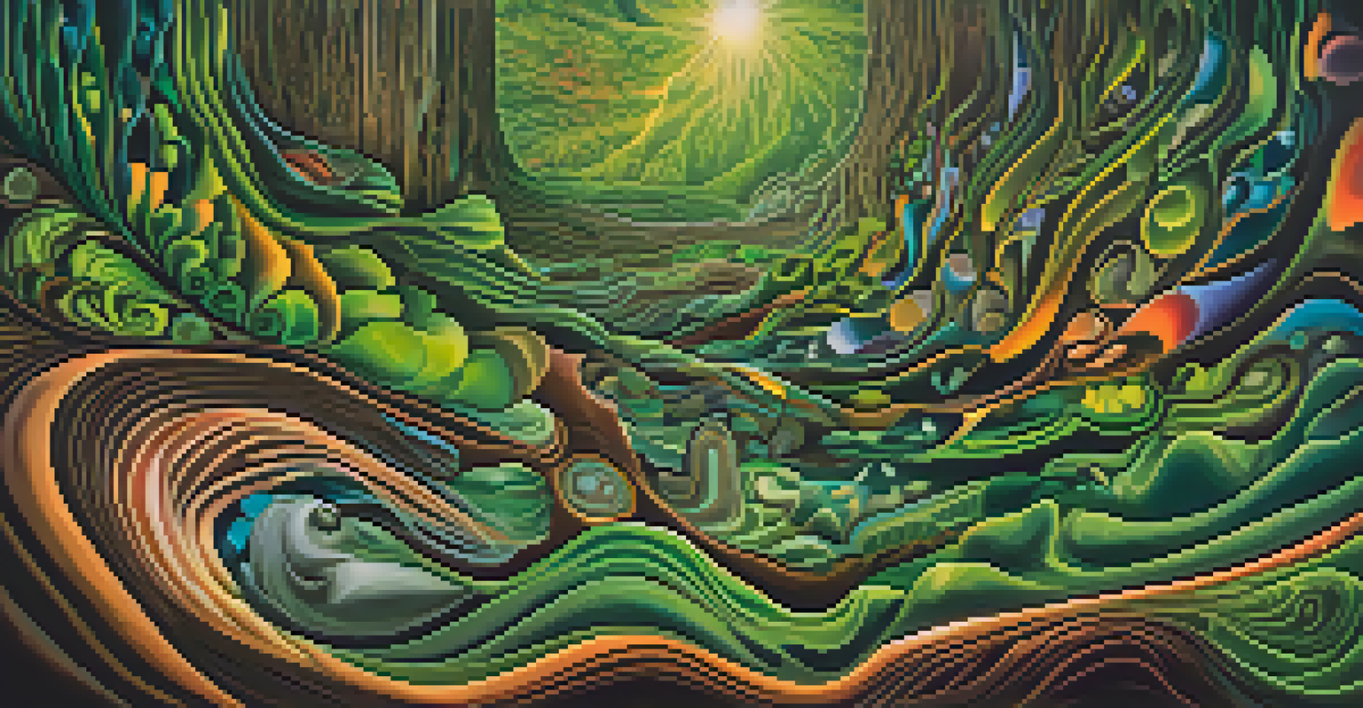 An abstract artwork representing the Ayahuasca experience, with swirling colors and shapes symbolizing creativity and emotions.