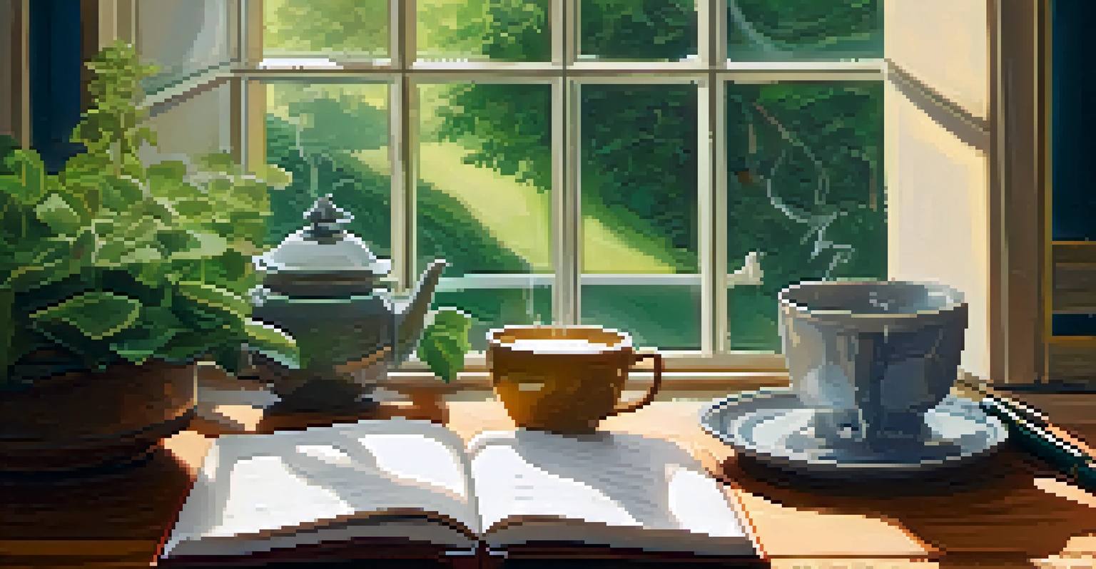 A cozy journaling space with a notebook, pen, and cup of tea, overlooking a garden.