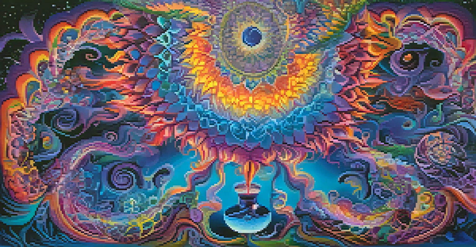 A colorful and dreamlike representation of the Ayahuasca experience, with swirling patterns and ethereal images of nature and celestial elements.