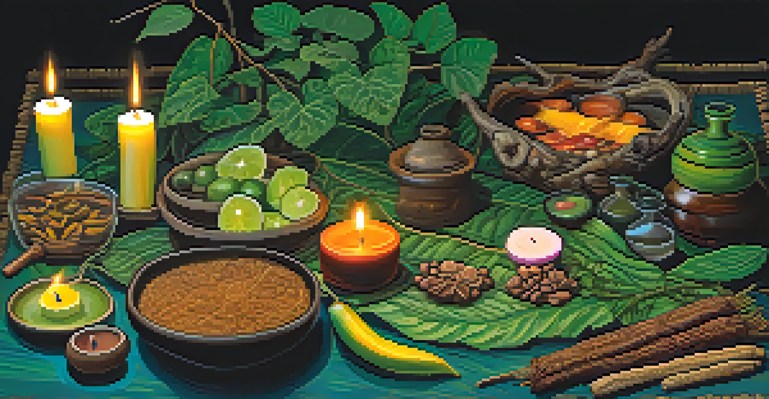 A close-up view of a table set with ayahuasca ingredients and candles, showcasing the textures and colors of the plants and items used in the ceremony.