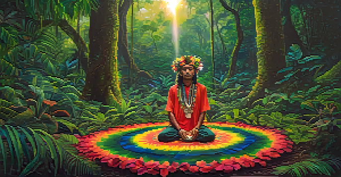 A tranquil Amazon rainforest setting with a shaman and participants in a circle, surrounded by lush plants and soft light.