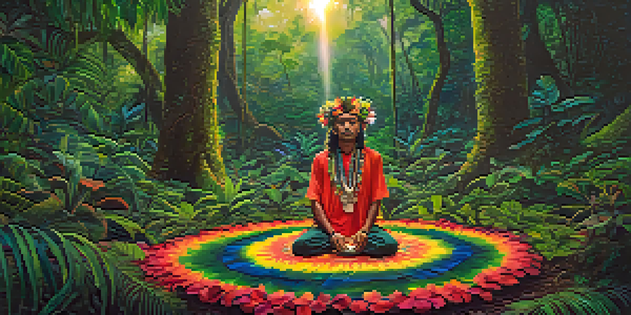 A tranquil Amazon rainforest setting with a shaman and participants in a circle, surrounded by lush plants and soft light.