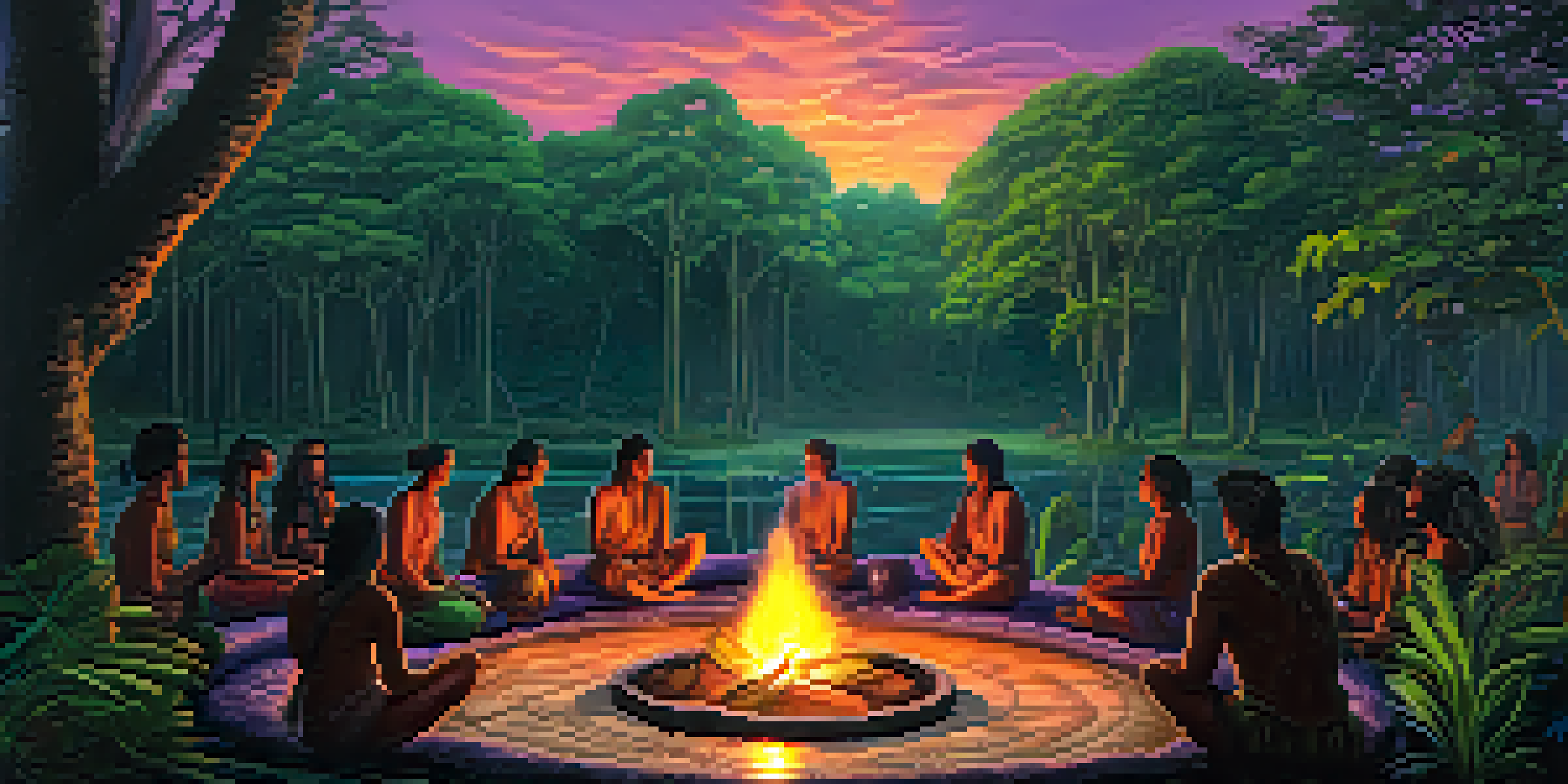 A group of people seated in a circle around a fire, participating in a traditional Ayahuasca ceremony in a lush Amazon rainforest at dusk.