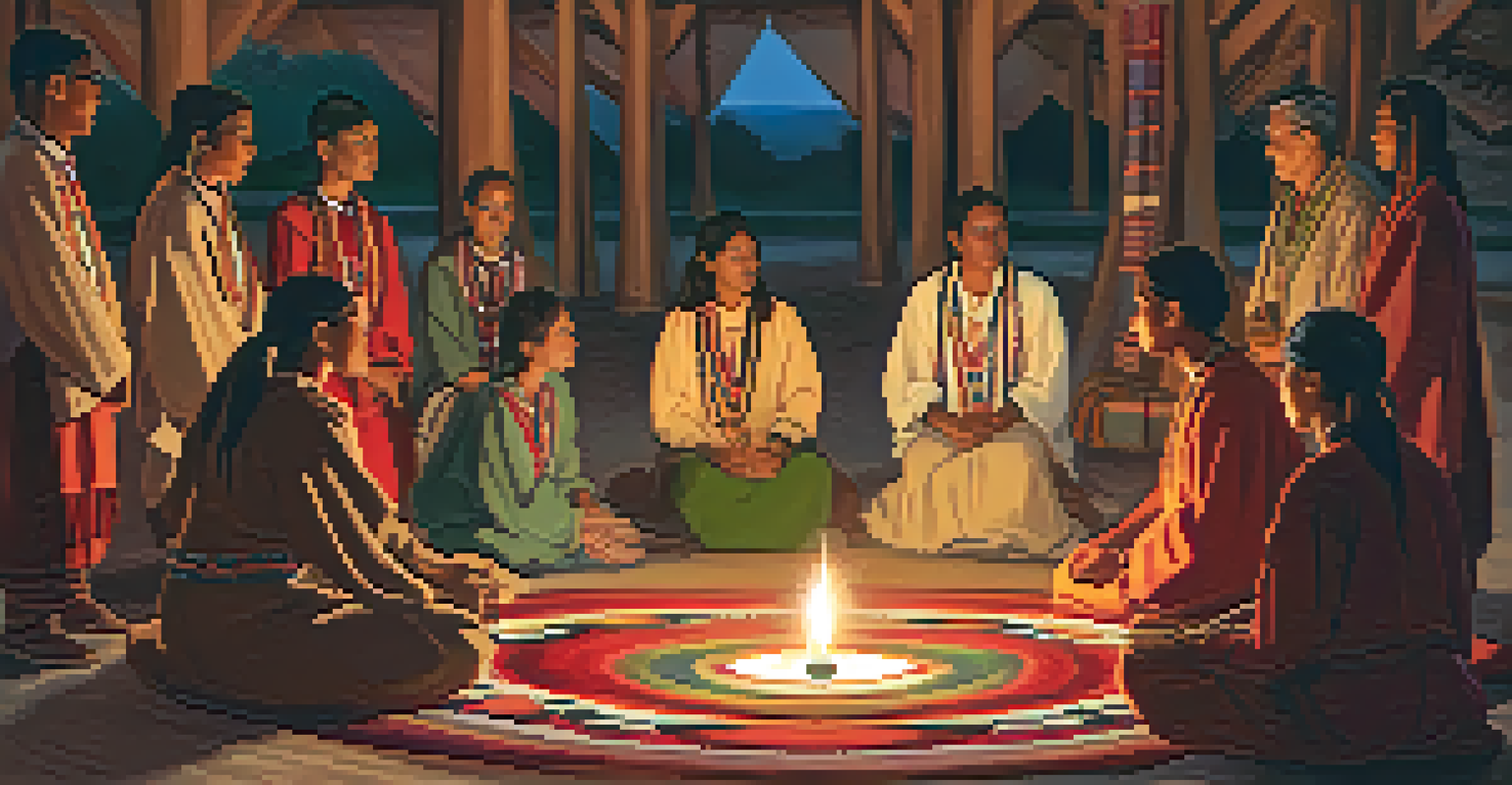 An indigenous leader conducts a candlelit ceremony with participants seated in a circle, surrounded by colorful tapestries.