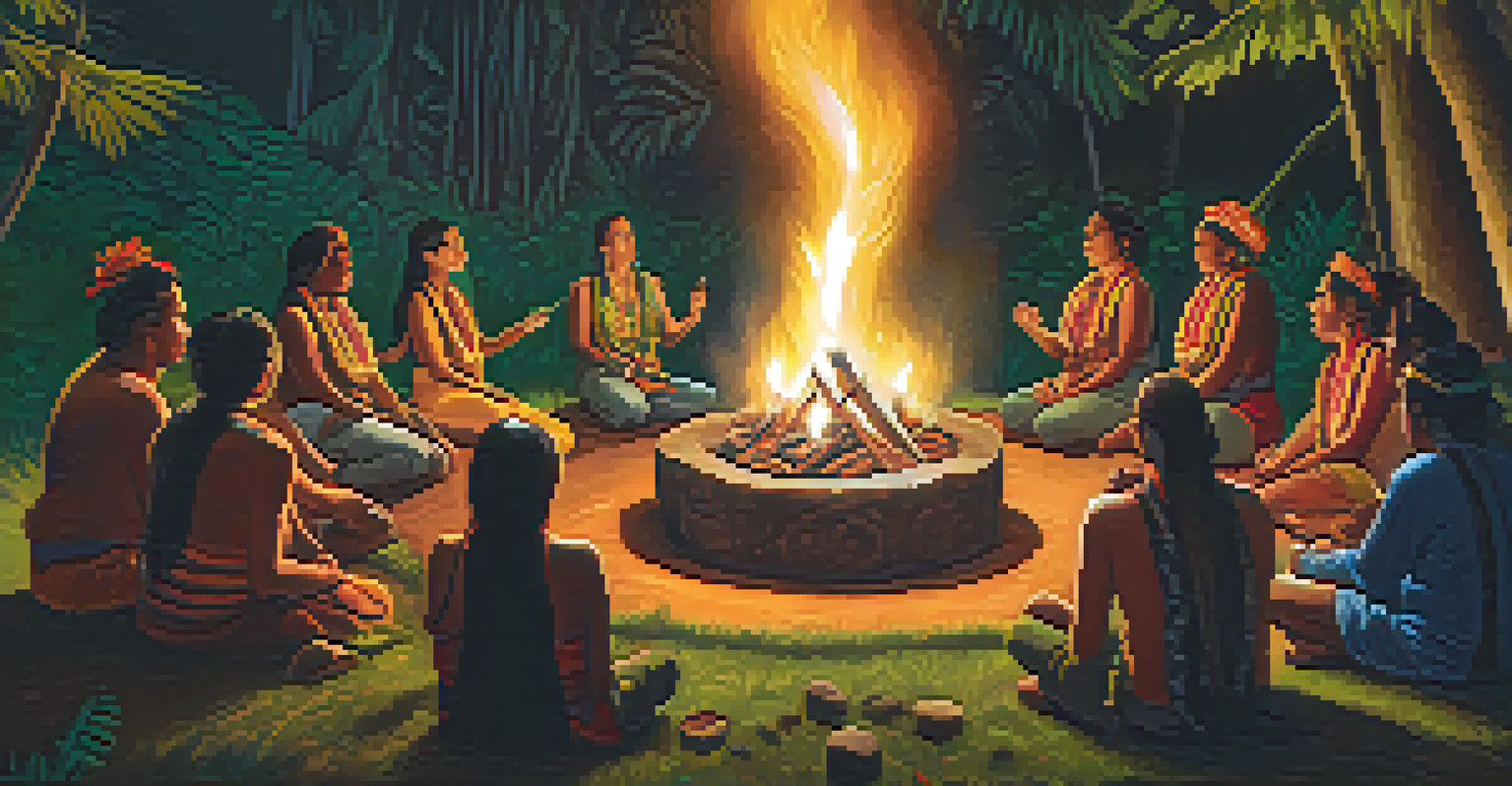 An Ayahuasca ceremony at night with participants in a circle around a fire, led by a shaman in traditional attire.